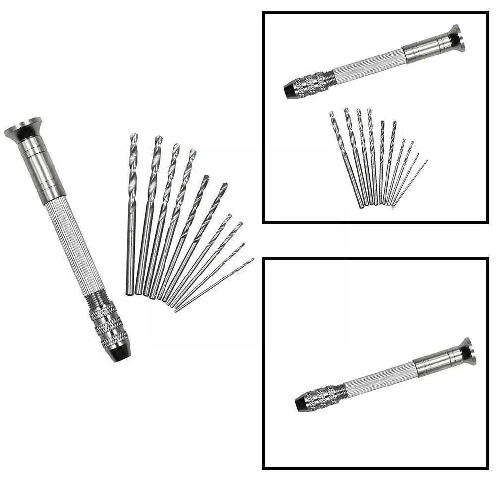 

High quality miniature aluminum hand drill with keyless drill twist chuck p 10pc woodworking drill + tool bit watch bit rot W2E3