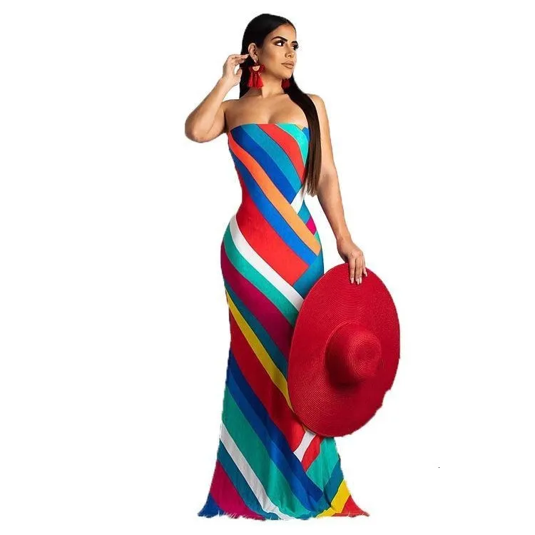 Fashion 2019 New Women Colorful Striped Strapless Bodycon Sheath Maxi Dress Sleeveless Beach Party Club Long Dresses | Женская одежда