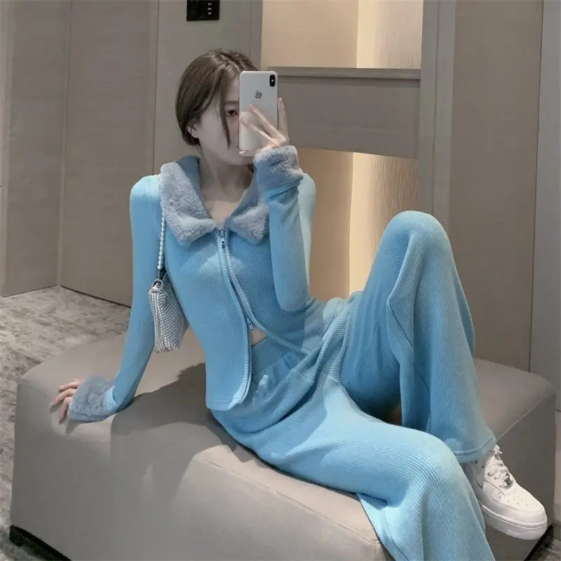 

Sweater ladies 2021 spring and autumn fashion suit new furry collar zipper knitted cardigan + high waist casual pants two-piece