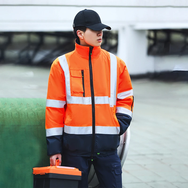 

Autumn Winter Men's Orange Thick Warm Parka Coat With Reflective Stripe Workshop Uniforms Stand Collar Jacket Outwear