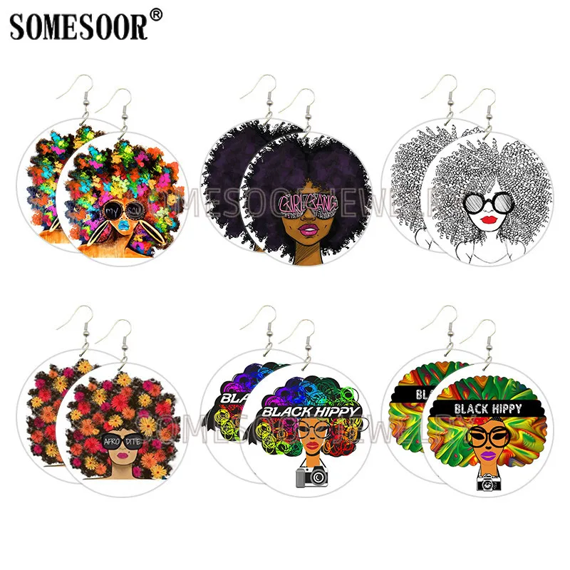 

SOMESOOR Black Hippy Soul Girl GANG Wooden Drop Earrings Afro Dipe Curls Hair Rock Big Fashion Ear Loops Dangle For Women Gifts