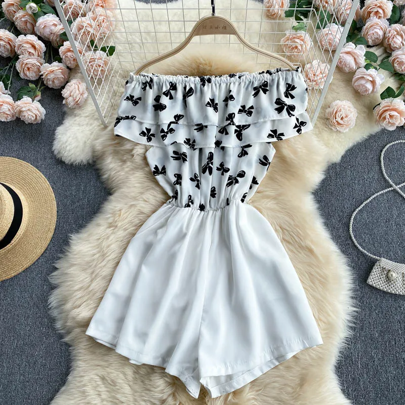 

Женский короткий комбинезон с бантом, Летний Пляжный комбинезон с открытыми плечами и оборками для отпуска