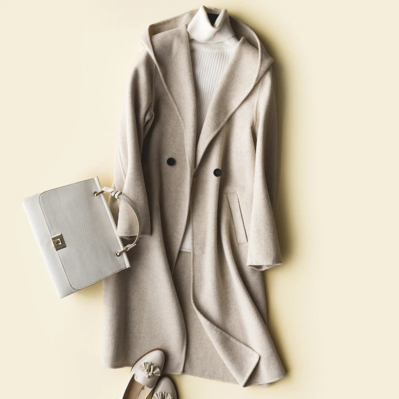 Женская зимняя одежда 100% шерстяные пальто Длинная шерстяная куртка с капюшоном