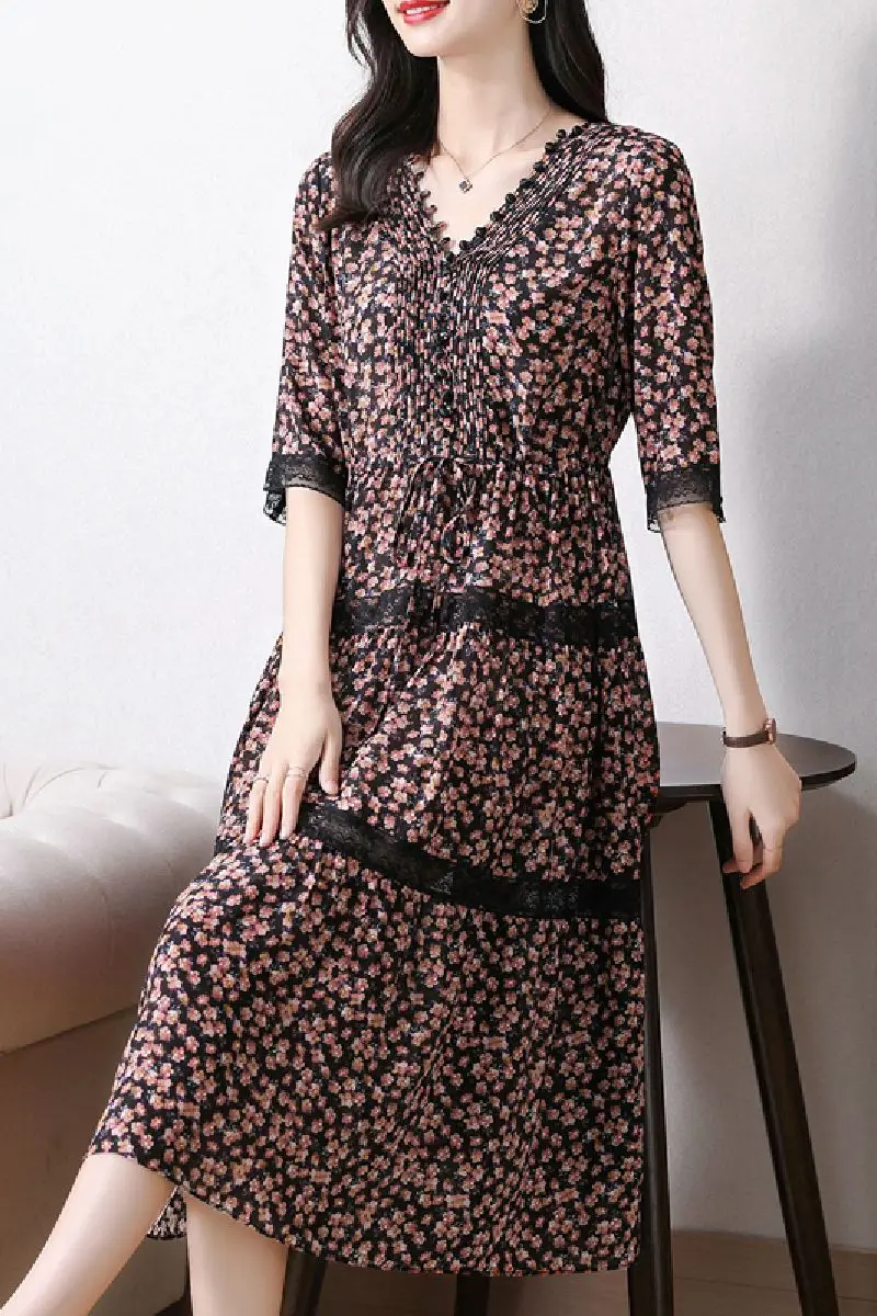

COIGARSAM 3XL Plus Size Patchwork Women dress New Spring Summer Floral Print Lace Dresses 6506