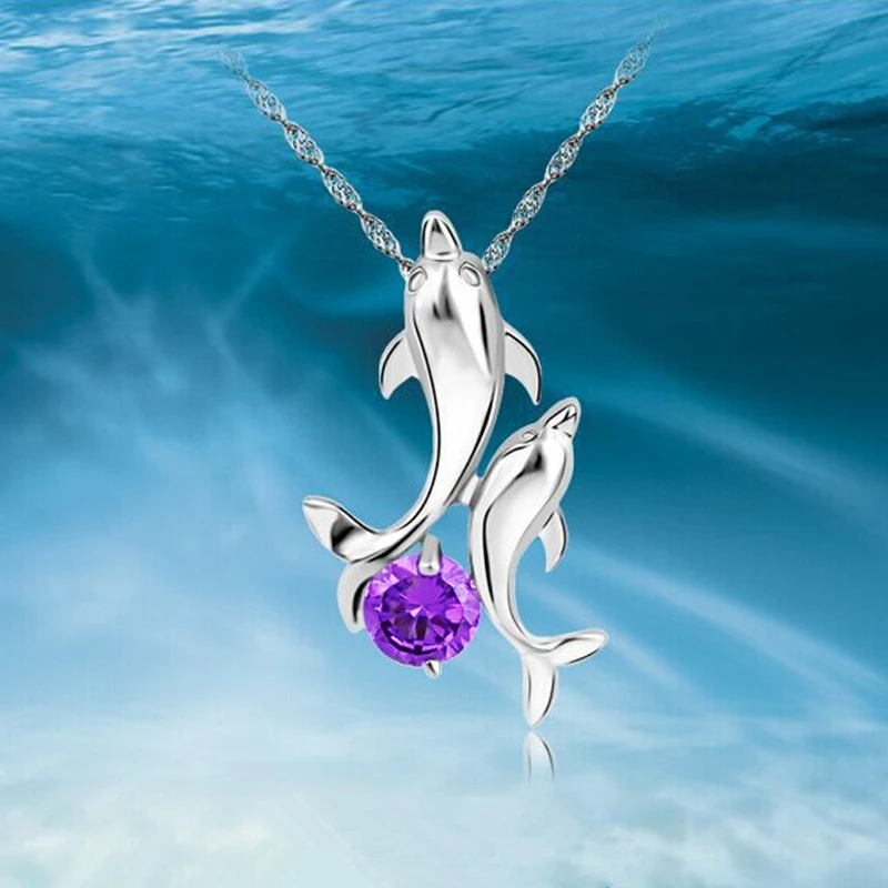 

Romantic Crystal Dolphin Pendant Necklace For Girls Anniversary Present Top Quality Silver 925 Chain Necklace Female Choker Gift