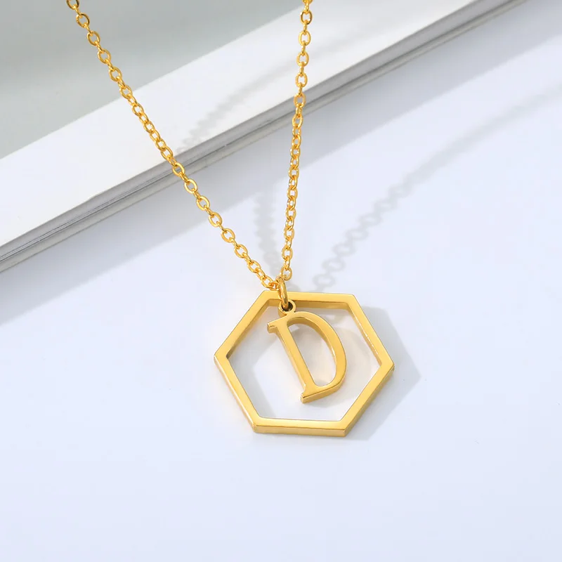 

Gold Stainless Steel Hexagon border Letter Pendant Necklaces For Women Initial Alphabet Choker Chain Jewelry Gifts Collier femme