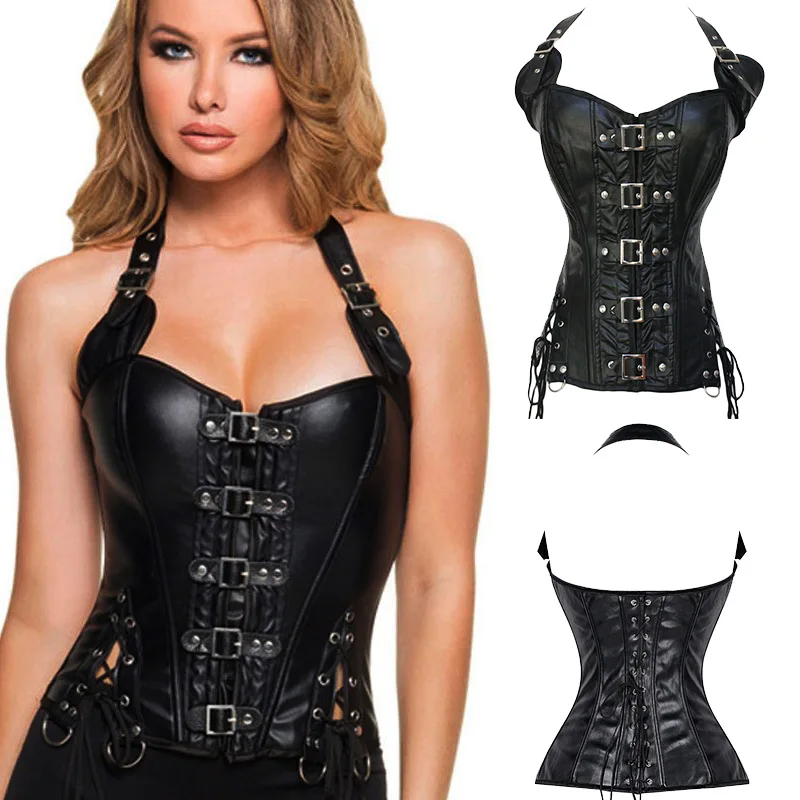 Женский Готический кожаный корсет в стиле стимпанк со стальными костями бюстье