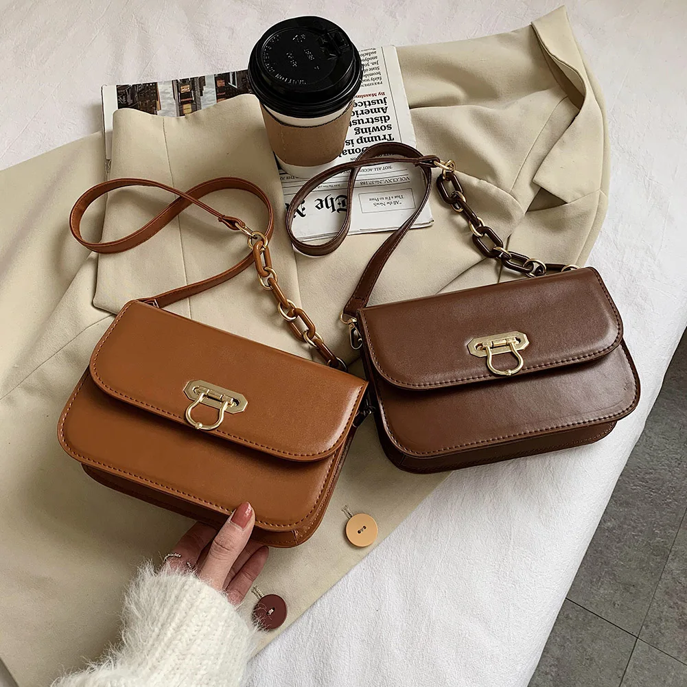 

Vintage PU Leather Chain Crossbody Bag Women Daily Solid Color Shoulder Messenger Bags Female Casual Simple Handbags Totes 2021