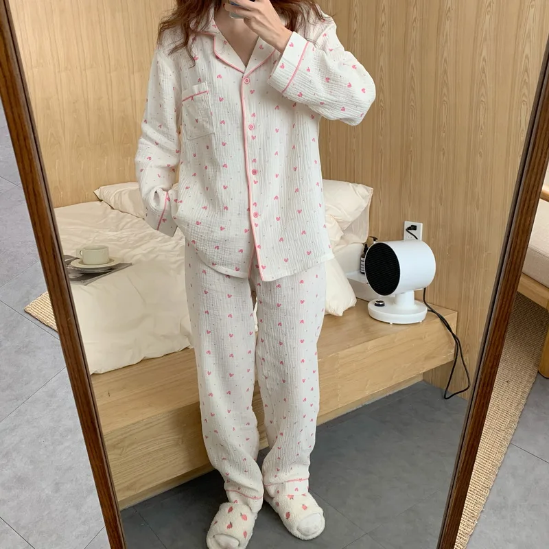 

2021 Printed Hearts Femme Chic Casual New Homewear Sleepwear Stylish Summer Thin Soft Loose-Fitting Women Pajamas Sets