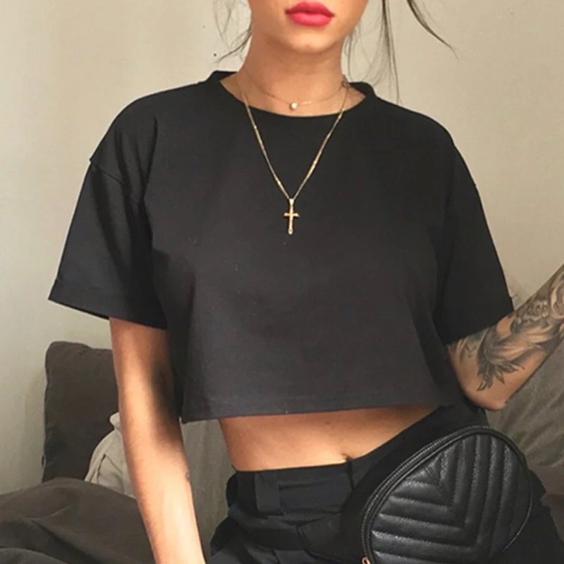 

Rainbowwaves Casual Loose Black Tshirt Women Solid Crop Top Short Sleeve Streetwear Summer T-shirts 2021 Tee Shirts Clothes