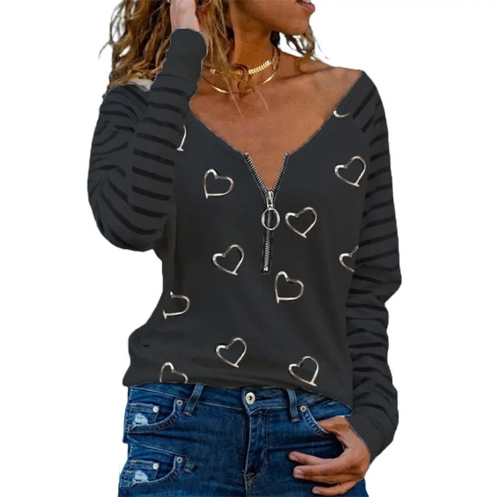 

Women Spring Fashion V-Neck Stripe Loose Printed Patchwork Tops Pullover Long-sleeved Casual Loose T-shirt