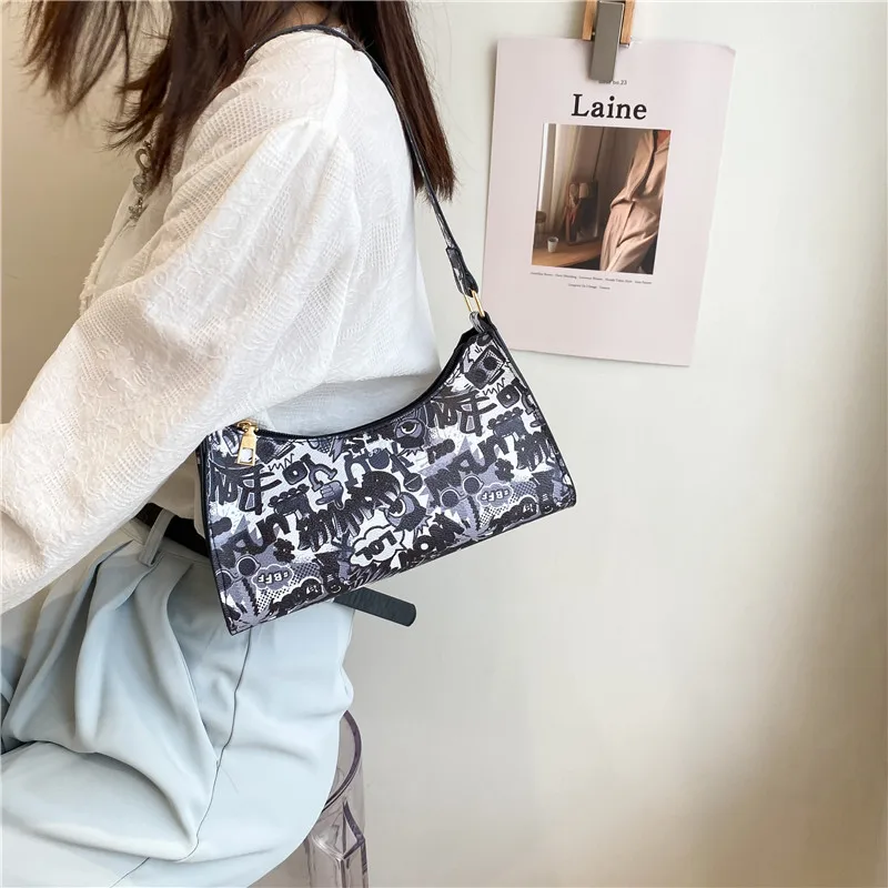 

Fashion Women Pure Color Shoulder Underarm Bags Casual Cartoon Print Ladies Zipper Small Purse Top-handle Handbag