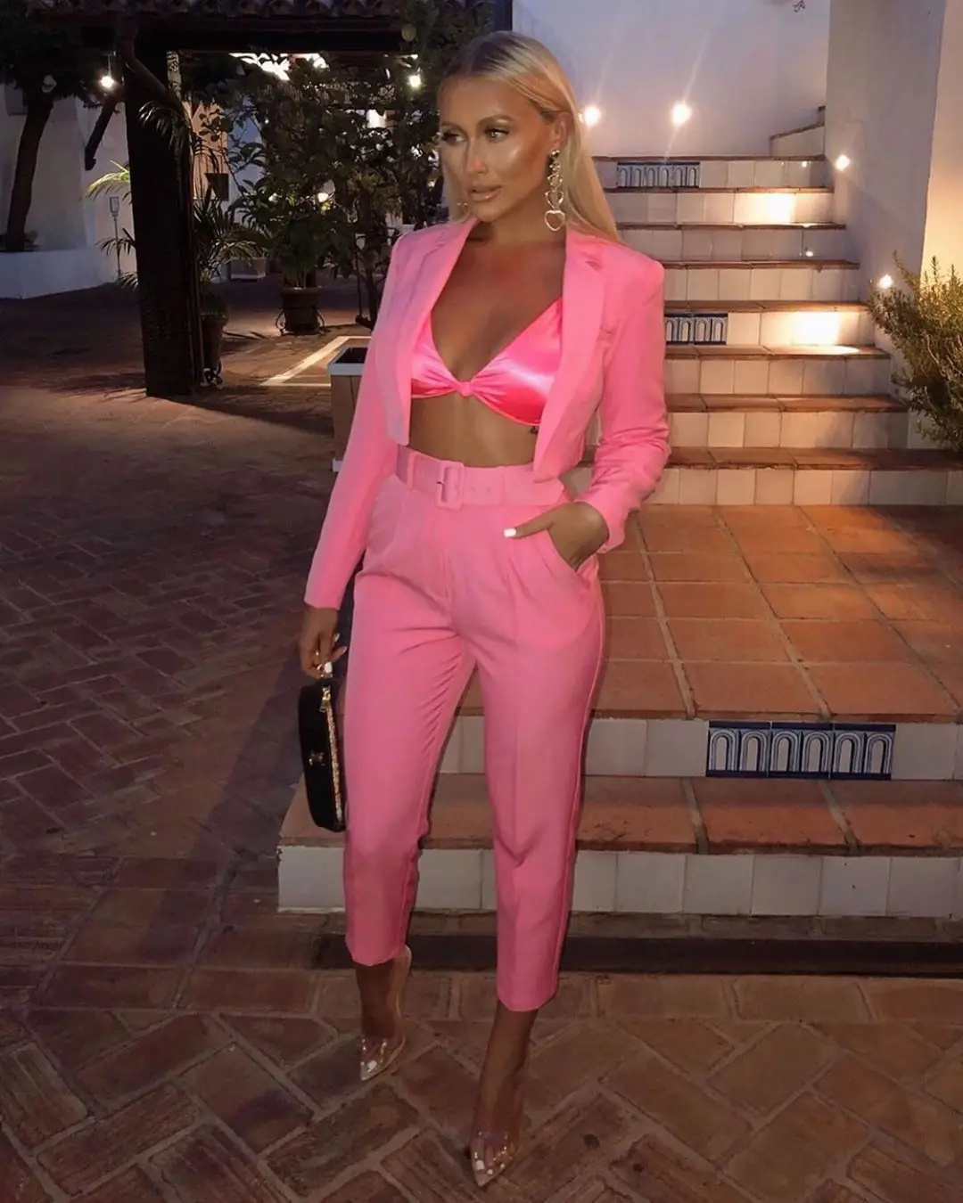 Yissang Two Piece Set Tops And Pants Summer Green Turn-down Collar Cropped Tops And Sashes Pockets Pants Sexy Women Set