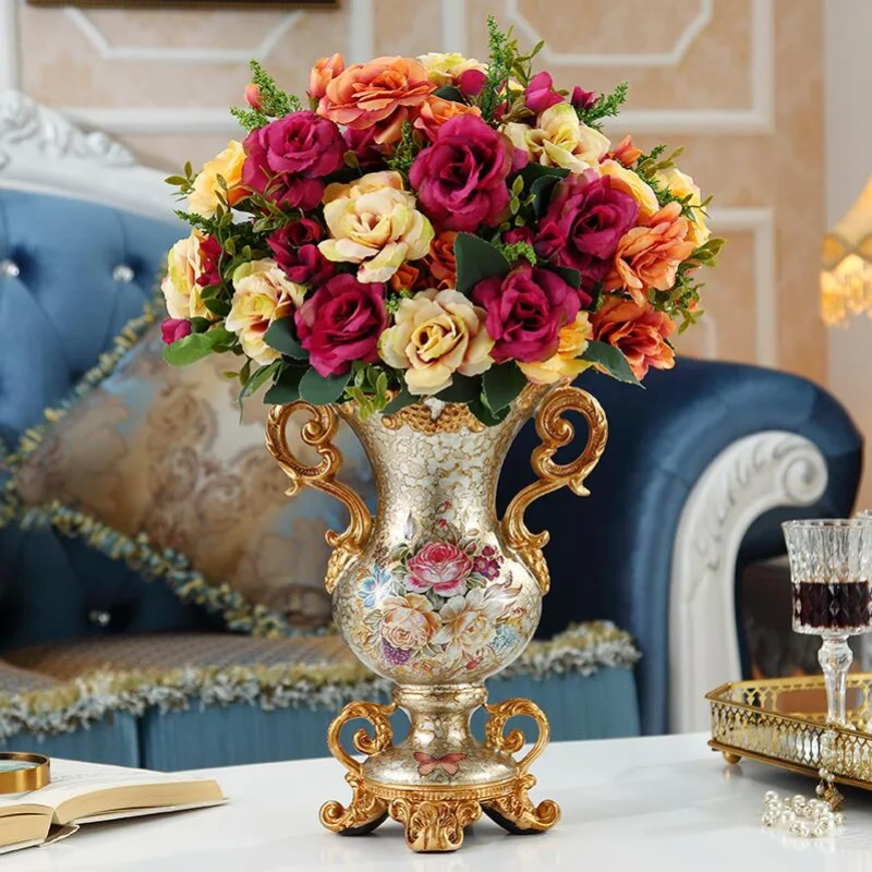 

European Resin Vase+Artificial Flower Set Decor Club Table Porch Figurine Home Furnishing Decoration Silk Fake Flower Pot Crafts