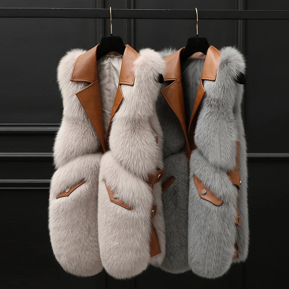 FURSARCAR 70cm Long Genuine Motorcycle Leather Vest For Women Real Natrual Fox Fur Waistcoat Feamle Winter Sheep Skin Fur Gilet