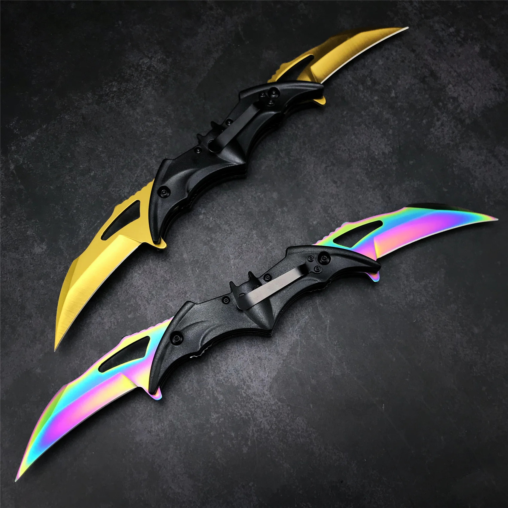 

Bat Shape Tactical Folding Knife Double 5Cr13Mov Blade Karambit Outdoor Self-defense Camping Tool Gift, Colorful Titanium/ Gold