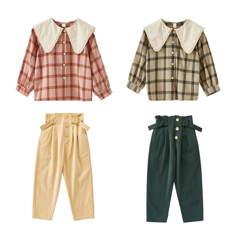 

Girls Teens Clothing Set Autumn New Kids Baby Solid Cotton Fashion Vintage Plaid Outfits Korean Lapel Blouse+Pants 2Pcs Suit
