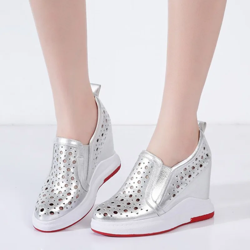 

{Zorssar} 2018 NEW Genuine Leather Ladies Shoes Casual Women Increased Internal High Heels Cut-Outs Breathable Summer Shoes