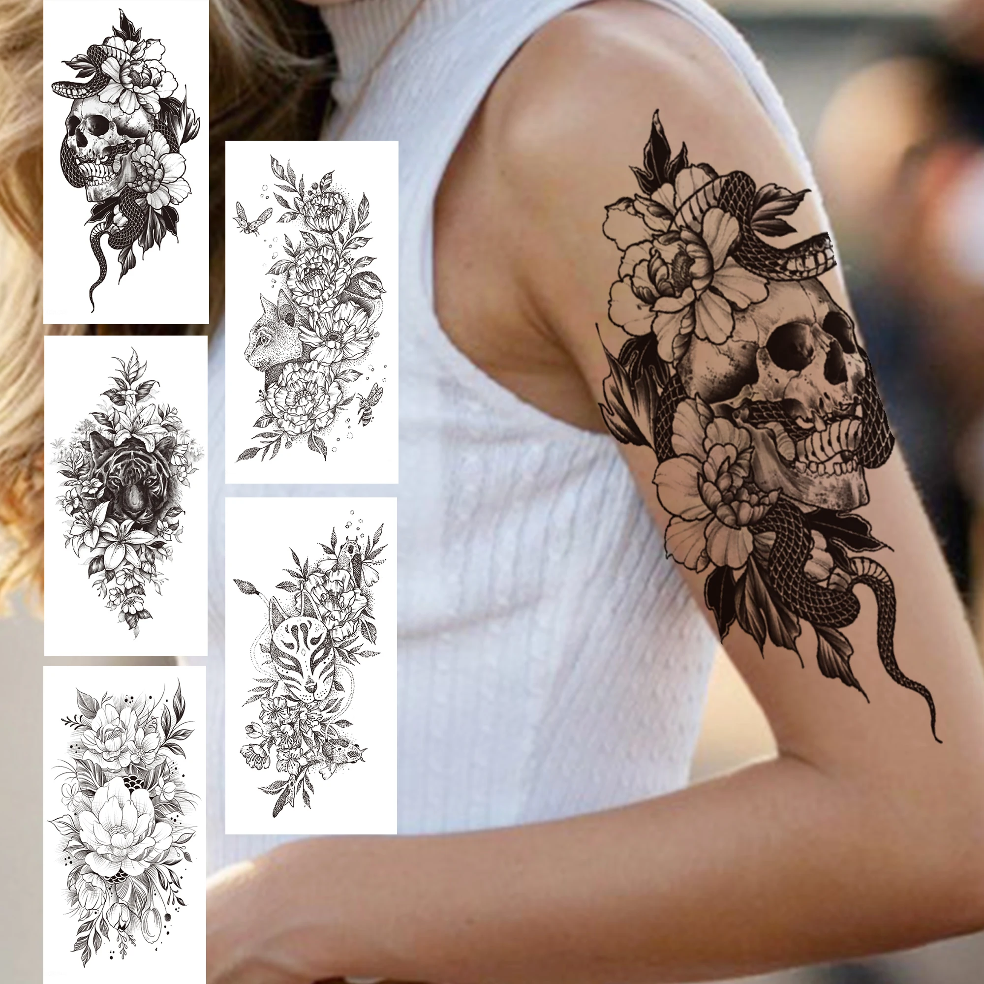 

Skeleton Snake Flower Temporary Tattoos For Women Girls Fake Mask Tiger Tattoo Sticker Black Butterfly Peony Rose Tatoos Decal