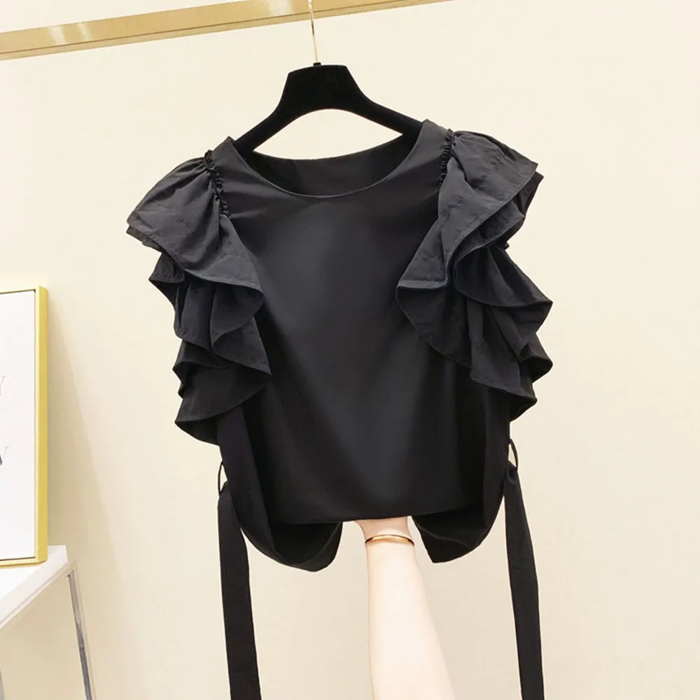 

Blouse Women Tops 2021 Summer Fashion Falbala Short Sleeves O-Neck Solid Black White Casual Female Straight Blouse Top Wear