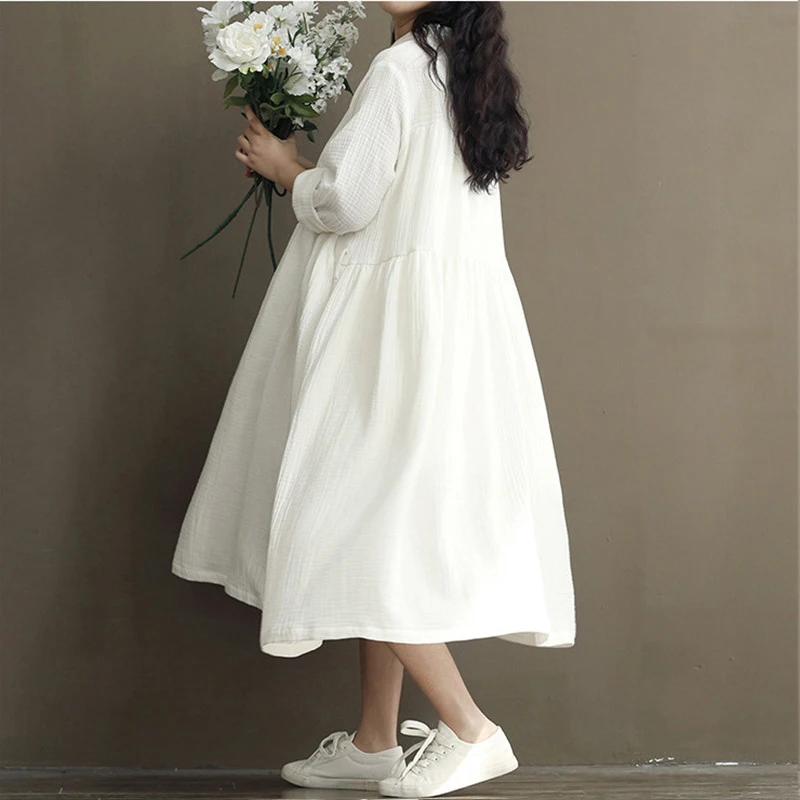 Женское свободное платье [EWQ] белое однобортное из хлопка и льна с V образным