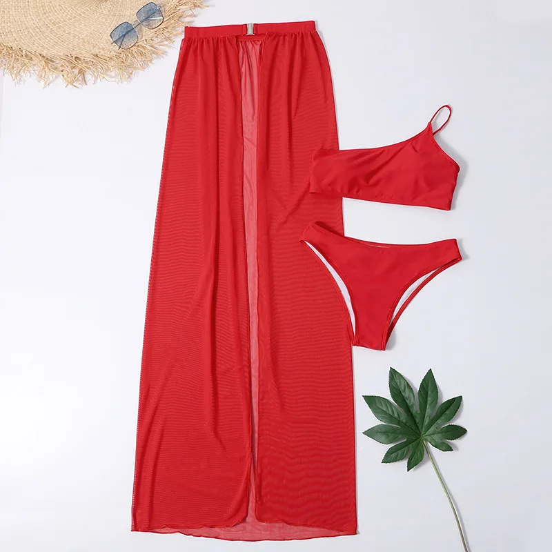 

3 Piece Set Bikini Mujer New High Waist Swimwear ATUOH One Shoulder Solid Women Skirt Belt Swimsuit Beachwear Leopard