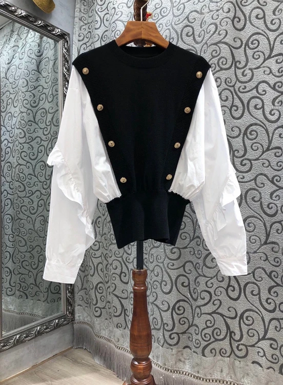 

2020 autumn and winter new fashion women's round neck knitted stitching irregular bat sleeve all-match shirt 1201