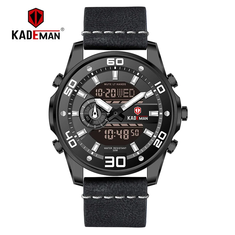 6156G-B-W-B KADEMAN, Роскошные мужские часы, Tech, светодиодный, цифровые, спортивные часы, 3 АТМ, водонепроницаемые, Топ бренд, модные кожаные Наручные часы, Relogio Masculino - Цвет: 6156G-B-W-B