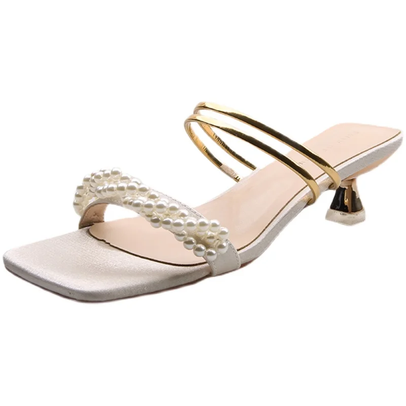 

Elegant Temperament Square Head Ladies Slippers Summer New Fashion Outer Wear Mid-Heel Slippers