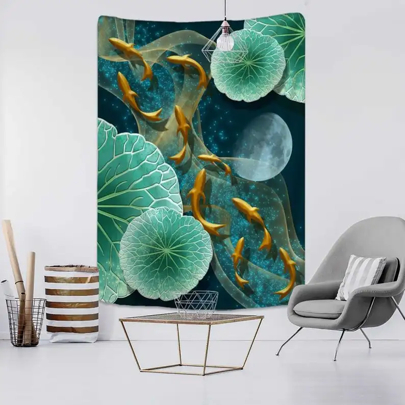 Koi Fish в лотосном пруду Классический гобелен искусство Настенная подвеска