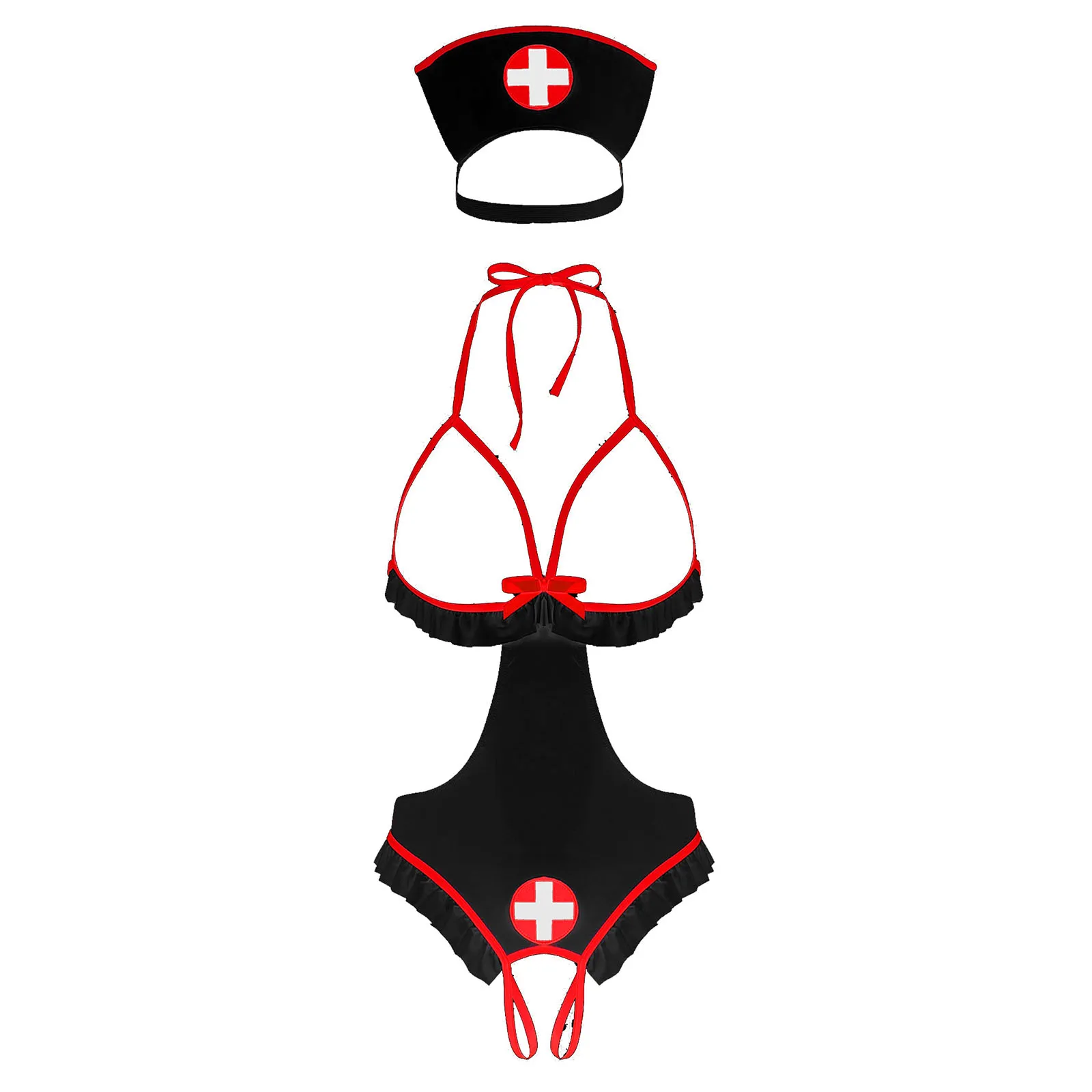 

Womens Fantasy Nurse Sexy Cosplay Roleplay Lingerie Set Halter Neck Open Cups Crotchless Tie-on Leotard Bodysuit with Headband
