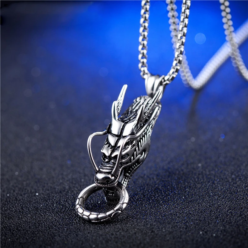 

Vintage China Dragon Head Pendant for Women Charm Silver Color Stainless Steel Chain Necklaces Men Bohemian Beach Jewelry Gift