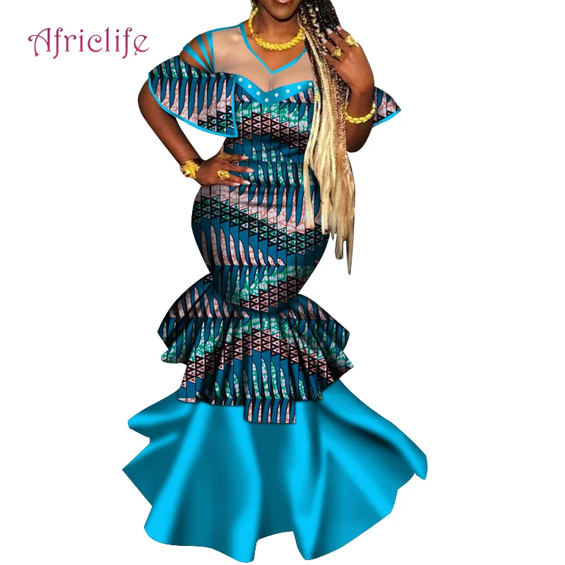 Clothes with Pearls for women Special Chiffon Patchawork African Models Clothing Pleated Skirt Long Printed Ladies Dress WY4872