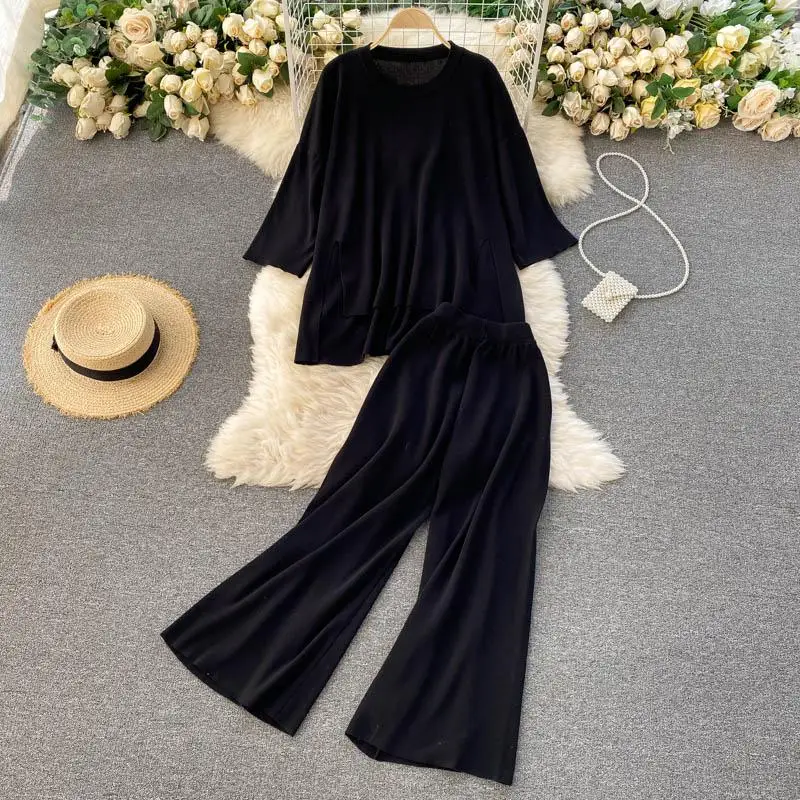Фото Women Solid Knit Sweaters Pants Sets Half Sleeve Loose Split Pullovers Trousers 2PCS Outfits Women Solid Knit Sweaters Pants Sets Half Sleeve Loose Split Pullovers Trousers 2PCS Outfits