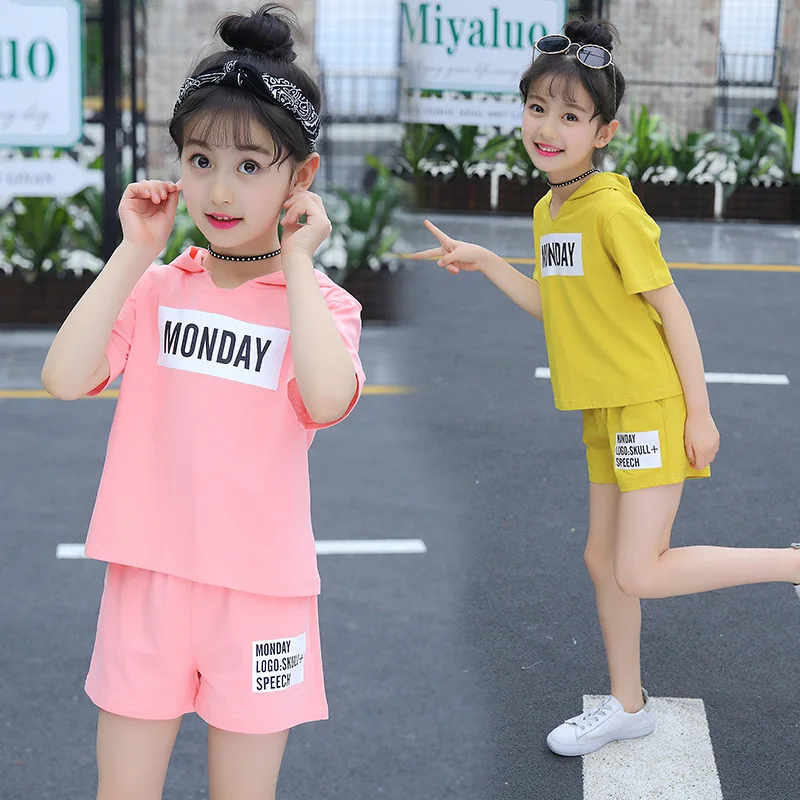 

Girls Sports Suits Clothing Sets For 5 8 12 14 Year Girl Tracksuits Costume Cotton Summer Sportswear Outfits Hooded Tee+Shorts
