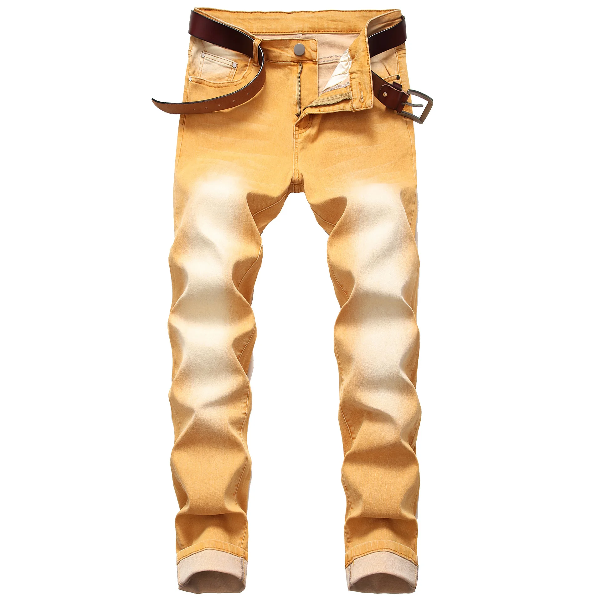 

2022 Men's Slim Fit Elastic Minimalist Denim Trousers Youth Yellow Casual Jeans 1271