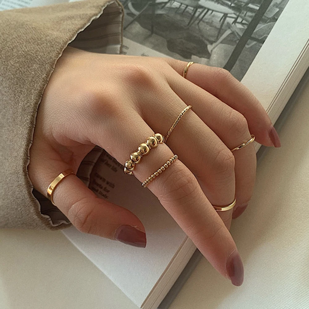 

IPARAM Fashion Punk Twist Bead Circle Metal Joint Ring Set Retro Geometry Gold Silver Color Minimalist Charm Ring Jewelry Gift