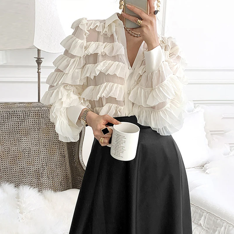 Женская блузка с оборками в виде кексов свободная рубашка отложным воротником и