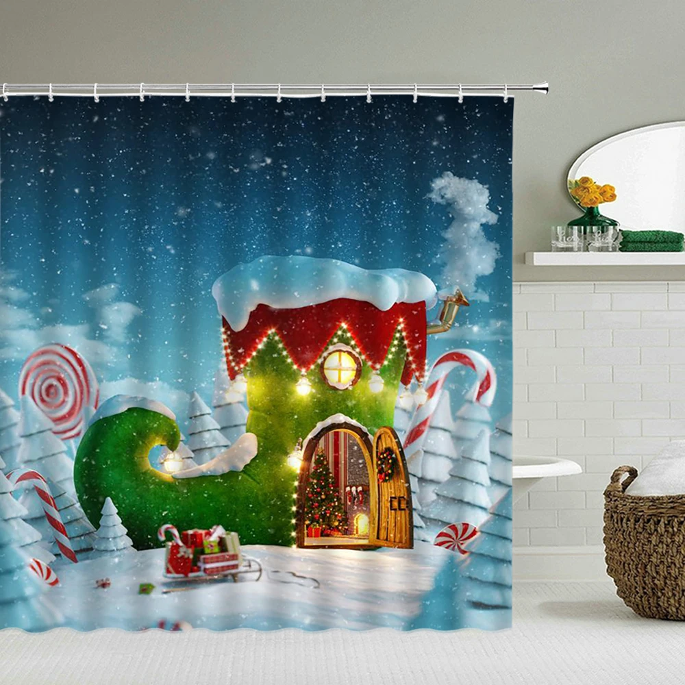 

New Year Christmas Shower Curtains Santa Claus 3d Bathroom Curtain Waterproof Cloth With Hook Decor180*180cm Bath Screen