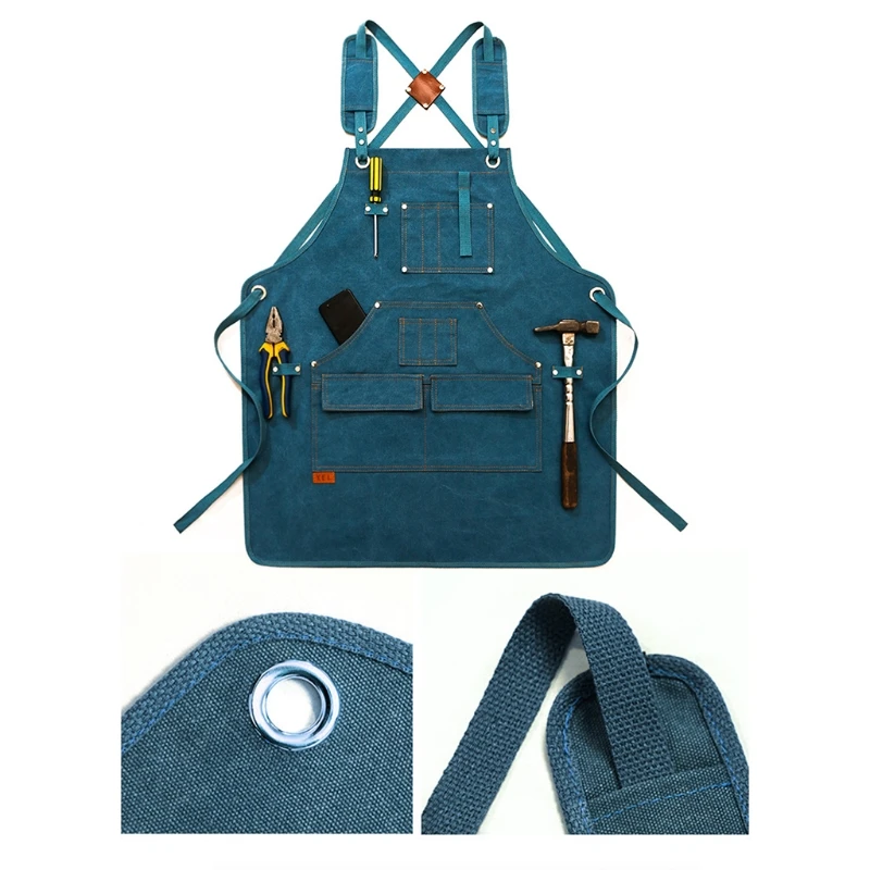 

2021 New Canvas Denim Work Apron Adjustable Cross Back Straps Multi Pockets Chef Aprons