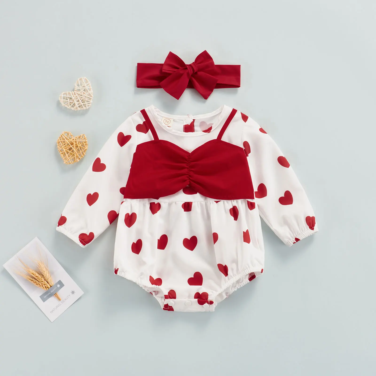 

Autumn 2Pcs Baby Girls Casual Outfits Newborns Infant Cute Long Sleeve Heart Print Ruched Rompers with Headband Set Bodysuits