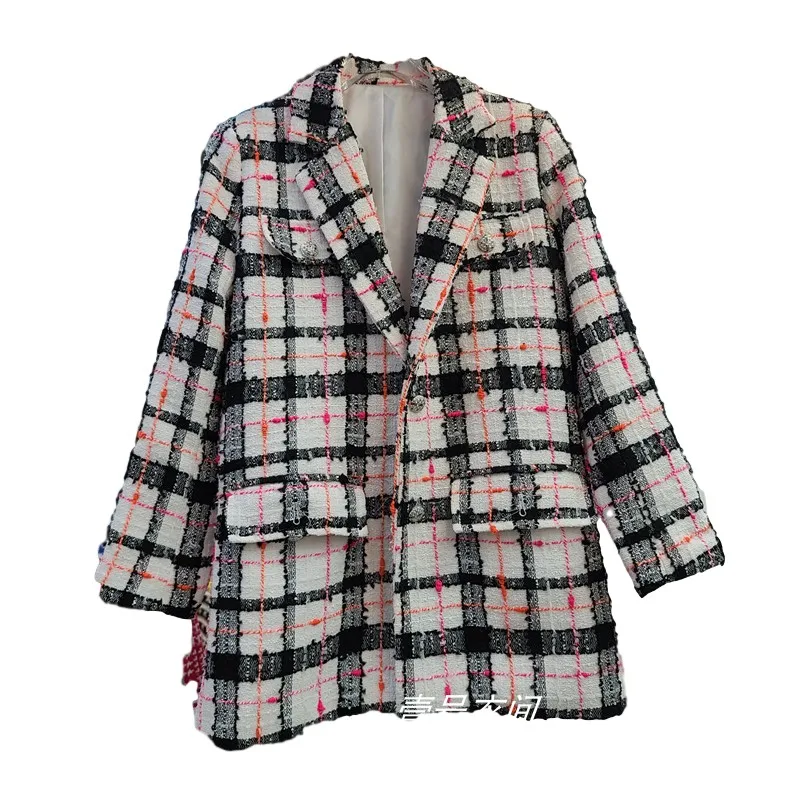 

2020 Autumn New Fashion Small Fragrant Tweed Woven Plaid Long-sleeved Women Loose Suit Jacket Mid-length Tweed Blazer Coat