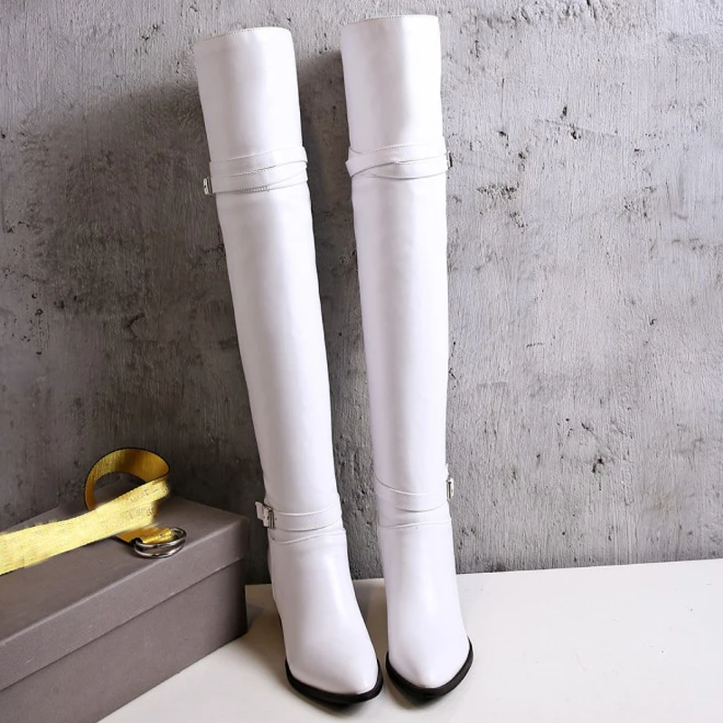 Зимняя Теплая обувь женские привлекательные черные белые сапоги выше колена на