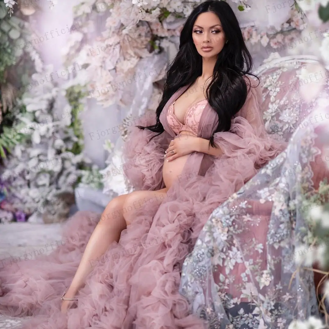 

2021 Trend Dusty Pink Photography Maternity Robe Bridal Dress Formal Evening Party Gown Tiered Puffy Pregnancy Dress Custom Made