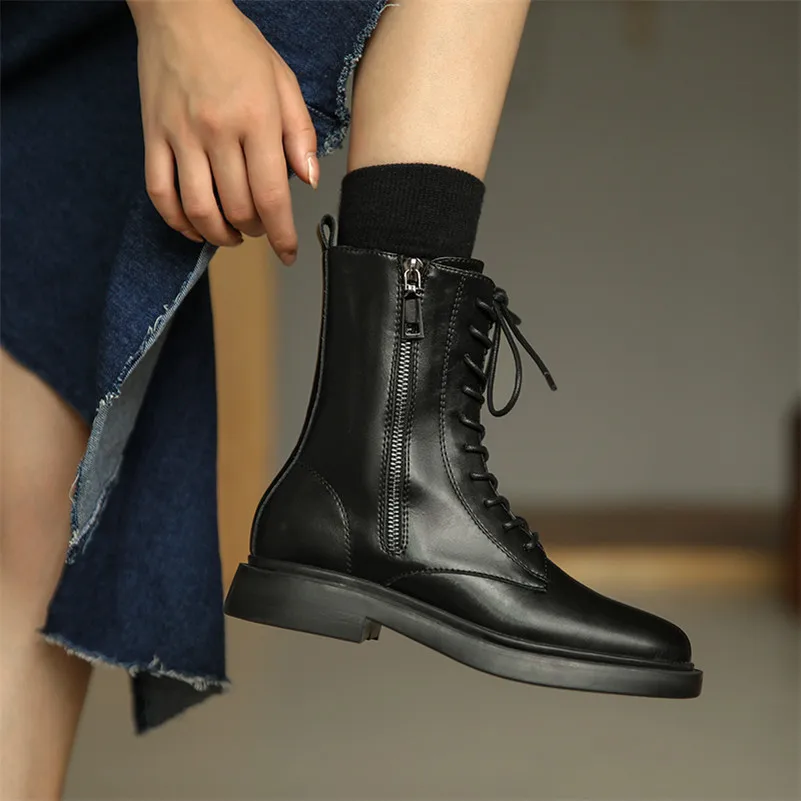 

ANNYMOLI Real Leather Flat Platform Ankle Boots Motorcycle Boots Women Shoes Zip Lace Up Short Boots Ladies Autumn Winter Black