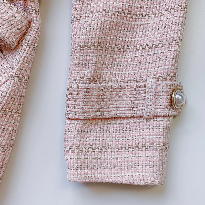 

Tweed jacket women pink autumn new coat strap long fishtail ladies coatslim one-piece coat jacket lapel Double-breasted