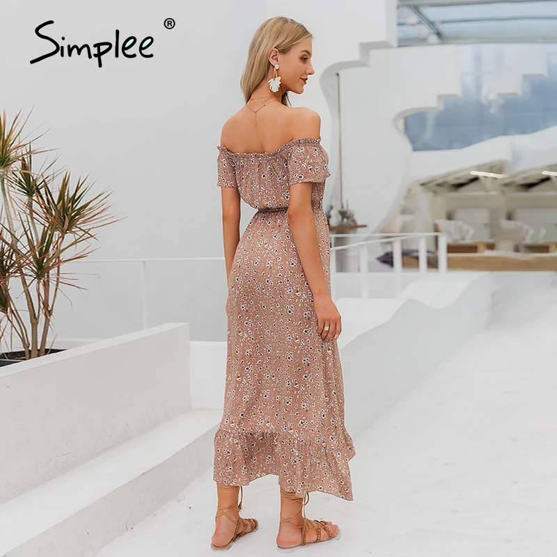 Simplee летнее платье с открытыми плечами цветочный принт Гофрированный Пояс