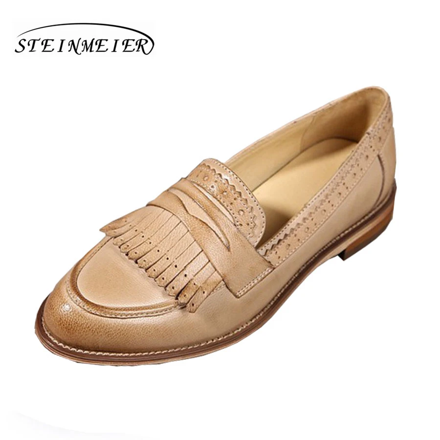 beige tassel Женские Пенни-лоферы; женские мокасин из овчины; обувь из натуральной кожи без шнуровки с острым носком на плоской подошве; большие размеры; Туфли-оксфорды ручной работы - Цвет: beige tassel