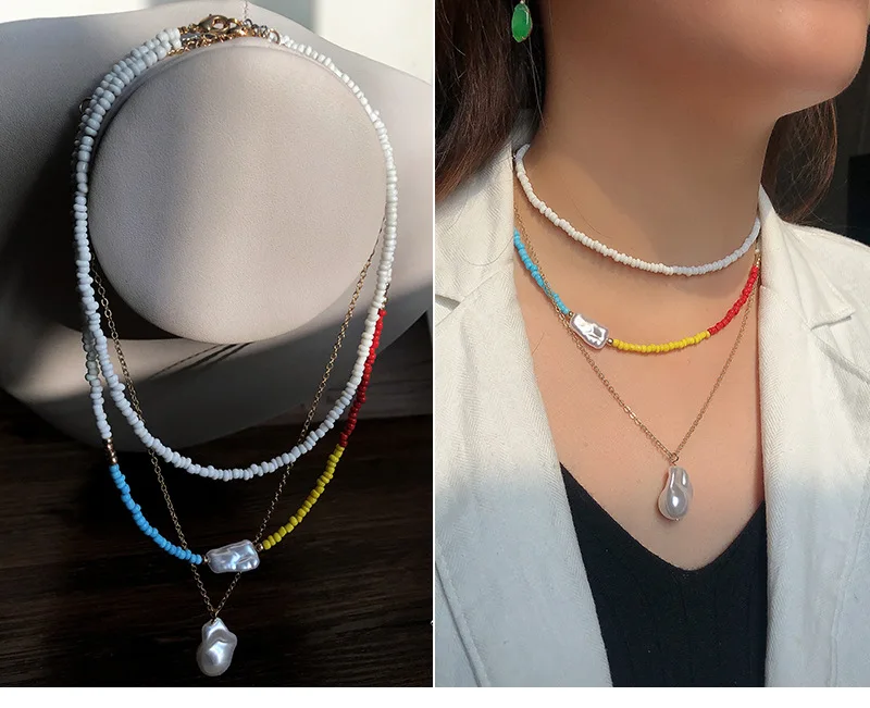 Чокер женский многослойный с рисовыми бусинами цепочка до ключиц ожерелье