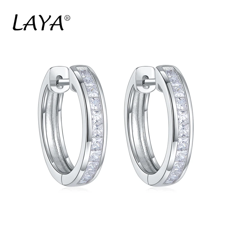 

LAYA Real 925 Sterling Silver Classic Round Silver Hoop Earrings Authentic Clear Zircon Earrings For Women Fashion Jewelry